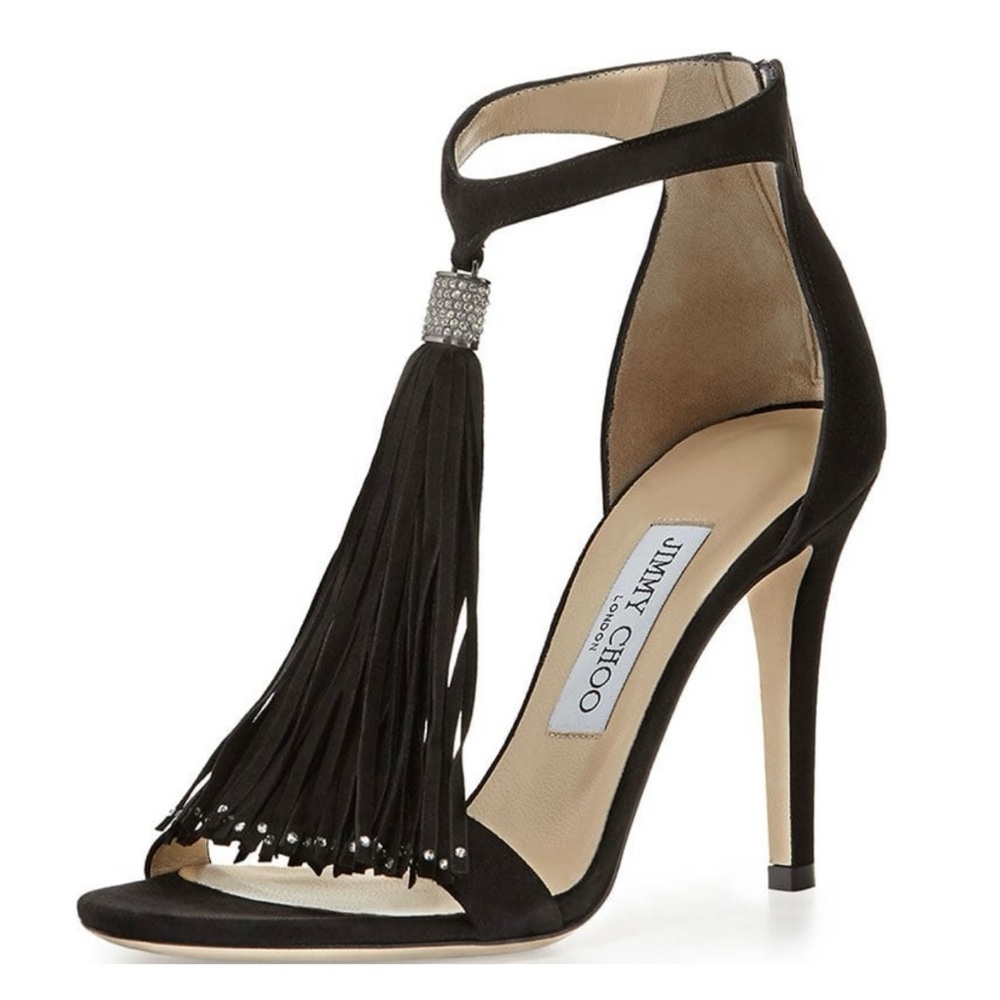 Jimmy Choo Viola Suede Fringe Rhinestone Sandal Heels - Picture 4 of 13